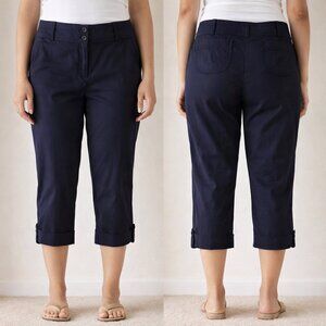 LANDS END Navy Blue Capri Pants Sz 8 100% Cotton Cuffed Hem Classic Tailored Fit